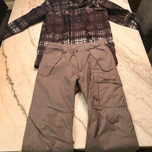 Men’s Burton snowboard, jacket, and snowboard pants in like new condition